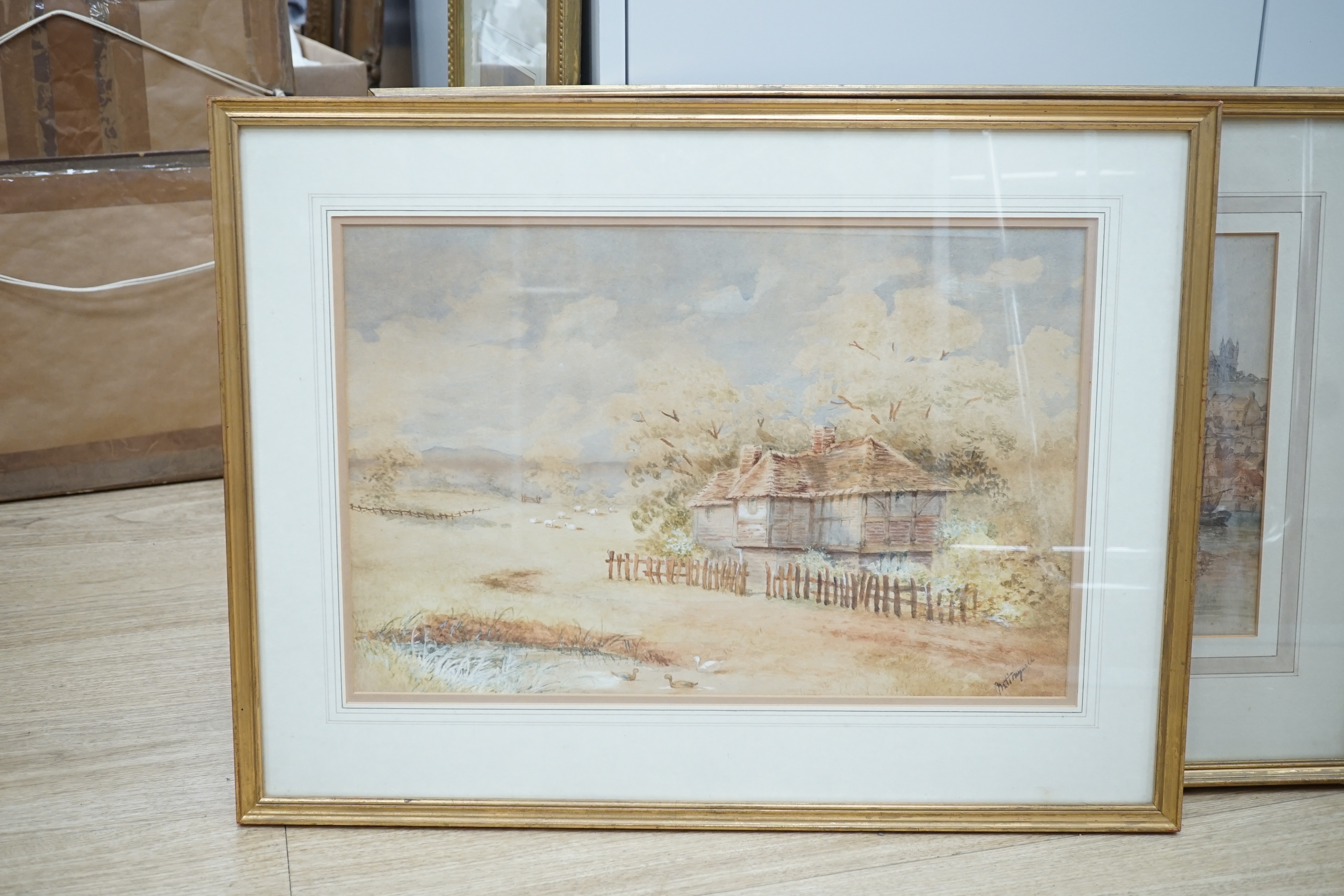 DB, watercolour, View of Whitby harbour, monogrammed, 30 x 53cm, and a watercolour, View of York Minster, initialled JSS and dated 1882, 304 x 27cm and a watercolour pastoral scene